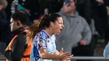 Spain's defender #14 Laia Codina celebrates scoring her team's fourth goal during the Australia and New Zealand 2023 Women's World Cup round of 16 football match between Switzerland and Spain at Eden Park in Auckland on August 5, 2023. (Photo by Saeed KHAN / AFP)