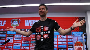 Soccer Football - Bundesliga - Bayer Leverkusen v Werder Bremen - BayArena, Leverkusen, Germany - April 14, 2024 Bayer Leverkusen coach Xabi Alonso during a press conference after winning the Bundesliga REUTERS/Wolfgang Rattay DFL REGULATIONS PROHIBIT ANY USE OF PHOTOGRAPHS AS IMAGE SEQUENCES AND/OR QUASI-VIDEO.