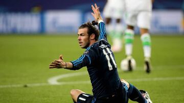 Real Madrid's Welsh forward Gareth Bale raects during the UEFA Champions League quarter-final, first-leg football match between VfL Wolfsburg and Real Madrid.
