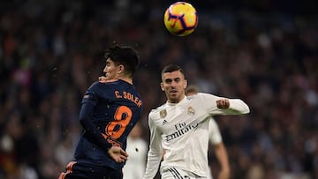 Carlos Soler and Dani Ceballos contest the ball in the Bernab&eacute;u. 