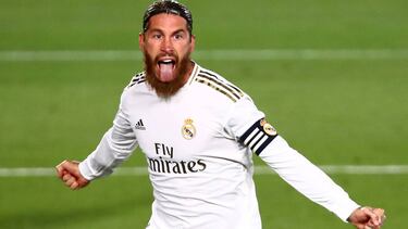 Soccer Football - La Liga Santander - Real Madrid v Getafe - Alfredo Di Stefano Stadium, Madrid, Spain - July 2, 2020 Real Madrid's Sergio Ramos celebrates scoring their first goal, as play resumes behind closed doors following the outbreak of the