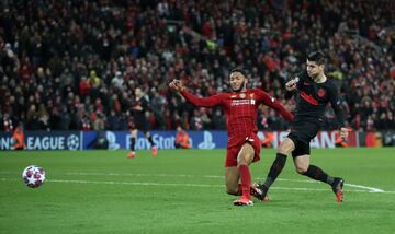 Anfield, 11 de marzo de 2020. Liverpool 2-2 Atlético, 2-3 en el global de la eliminatoria, minuto 119, con la eliminatoria ya sentenciada a favor del Atlético, Morata recibió al hueco un pase de Marcos Llorente, encaró a Adrián y definió con la pierna izquierda, firmando la remontada del Atlético en Anfield y certificando la eliminación del vigente campeón de Europa.