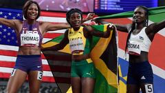 Gabrielle Thomas, Elaine Thompson-Herah and Christine Mboma celebrate with their respective national flag after the women&#039;s 200m final. 