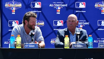 Jul 18, 2022; Los Angeles, CA, USA; Los Angeles Dodgers pitcher Clayton Kershaw and Atlanta Braves manager Brian Snitker speak during media availabilities at Dodger Stadium. Mandatory Credit: Gary A. Vasquez-USA TODAY Sports