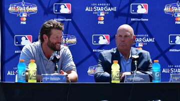 Jul 18, 2022; Los Angeles, CA, USA; Los Angeles Dodgers pitcher Clayton Kershaw and Atlanta Braves manager Brian Snitker speak during media availabilities at Dodger Stadium. Mandatory Credit: Gary A. Vasquez-USA TODAY Sports