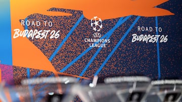 Soccer Football - UEFA Champions League - Knockout Phase Playoffs Draw - UEFA Headquarters, Nyon, Switzerland - January 30, 2026 General view of the UEFA Champions League logo before the draw REUTERS/Pierre Albouy