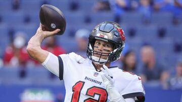 INDIANAPOLIS, IN - AUGUST 27:  Tom Brady #12 of Tampa Bay Buccaneers is seen before the preseason game against the Indianapolis Colts at Lucas Oil Stadium on August 27, 2022 in Indianapolis, Indiana. (Photo by Michael Hickey/Getty Images)