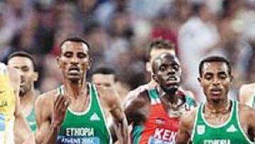 <b>GALGOS AFRICANOS</b>. Bekele (1967), con El Guerrouj a la derecha. En la izquierda corren el etíope Gebremariam (1664) y el Keniano Chebii.