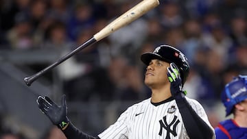 NEW YORK, NEW YORK - OCTOBER 29: Juan Soto #22 of the New York Yankees reacts after striking out during the third inning of Game Four of the 2024 World Series against the Los Angeles Dodgers at Yankee Stadium on October 29, 2024 in the Bronx borough of New York City. Sarah Stier/Getty Images/AFP (Photo by Sarah Stier / GETTY IMAGES NORTH AMERICA / Getty Images via AFP)