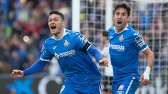 El Getafe celebra uno de los goles ante el Valencia.