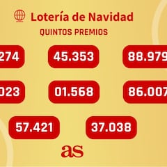 Quintos premios del sorteo de la Lotería de Navidad 2023: 01568, 37038, 45353, 54274, 57421, 86007, 88979 y 92023