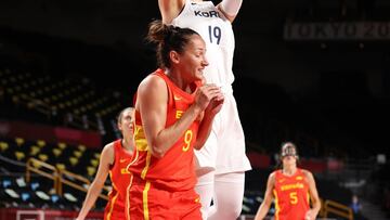 SAITAMA, JAPAN - JULY 26: Ji Su Park #19 of Team South Korea shoots over Laia Palau #9 of Team Spain during the first half on day three of the Tokyo 2020 Olympic Games at Saitama Super Arena on July 26, 2021 in Saitama, Japan. (Photo by Gregory Shamus/Getty Images)