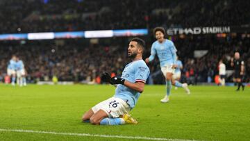 MANCHESTER, ENGLAND - JANUARY 19: Riyad Mahrez of Manchester City celebrates after scoring their sides third goal during the Premier League match between Manchester City and Tottenham Hotspur at Etihad Stadium on January 19, 2023 in Manchester, England. (Photo by Tom Flathers/Manchester City FC via Getty Images)