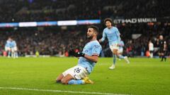 MANCHESTER, ENGLAND - JANUARY 19: Riyad Mahrez of Manchester City celebrates after scoring their sides third goal during the Premier League match between Manchester City and Tottenham Hotspur at Etihad Stadium on January 19, 2023 in Manchester, England. (Photo by Tom Flathers/Manchester City FC via Getty Images)