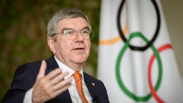 IOC President Thomas Bach speaks during an interview with AFP ahead of the Paris 2024 Olympic Games at the IOC headquarters in Lausanne on April 26, 2024. (Photo by GABRIEL MONNET / AFP)