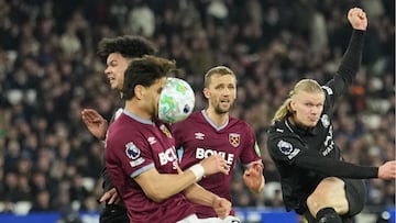 In Saturday’s draw in East London, West Ham’s Konstantinos Mavropanos was struck by a thunderous drive by Manchester City striker Erling Haaland.