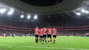 Athletic Bilbao's players celebrate scoring their third goal during the Spanish league football match between Athletic Club Bilbao and Girona FC at the San Mames stadium in Bilbao on February 19, 2024. (Photo by Ander Gillenea / AFP)
