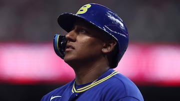 HOUSTON, TEXAS - MARCH 08: Osvaldo Carvalho #6 of the Brazil looks on after striking out in the sixth inning against Mexico during the 2026 World Baseball Classic Pool B game between Brazil and Mexico at Daikin Park on March 08, 2026 in Houston, Texas. Kenneth Richmond/Getty Images/AFP (Photo by Kenneth Richmond / GETTY IMAGES NORTH AMERICA / Getty Images via AFP)