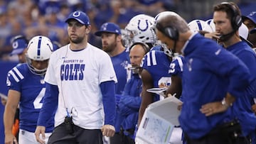 INDIANAPOLIS, IN - SEPTEMBER 17: Injured quarterback Andrew Luck of the Indianapolis Colts looks on in the fourth quarter of a game against the Arizona Cardinals at Lucas Oil Stadium on September 17, 2017 in Indianapolis, Indiana. The Cardinals won 16-13 in overtime.   Joe Robbins/Getty Images/AFP
 == FOR NEWSPAPERS, INTERNET, TELCOS &amp; TELEVISION USE ONLY ==