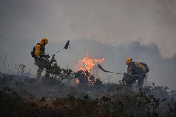 Bomberos de Asturias trabajan para extinguir las llamas en un incendio forestal en Toraño, Asturias (España). El Gobierno regional activó el pasado jueves por la noche  el Plan de Incendios Forestales del Principado de Asturias (INFOPA).