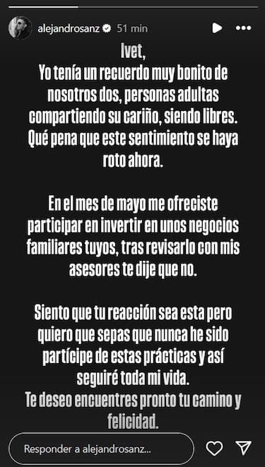 Alejandro Sanz lanza un comunicado tras la denuncia de Ivet: Personas adultas compartiendo su cari?o