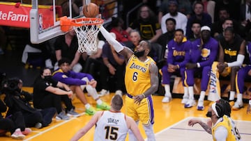 May 22, 2023; Los Angeles, California, USA; Los Angeles Lakers forward LeBron James (6) shoots the ball against Denver Nuggets center Nikola Jokic (15) during the second quarter in game four of the Western Conference Finals for the 2023 NBA playoffs at Crypto.com Arena. Mandatory Credit: Kirby Lee-USA TODAY Sports