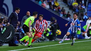 Giuliano Simeone corre por la banda con el baln cuando se tropiezan l y el linier, Alberto Rodrguez Moreno. 

