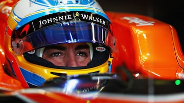 MONTREAL, QC - JUNE 09:  Fernando Alonso of Spain and McLaren Honda prepares to drive in the garage during practice for the Canadian Formula One Grand Prix at Circuit Gilles Villeneuve on June 9, 2017 in Montreal, Canada.  (Photo by Dan Istitene/Getty Images)