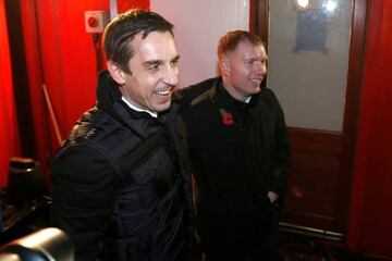 Salford City co-owners Paul Scholes and Gary Neville at Moor Lane.