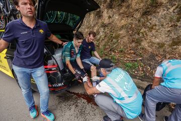 Wout van Aert, maillot verde de la carrera, ha tenido que abandonar tras una terrible ca¨ªda cuando iba escapado a 50 km de meta.
