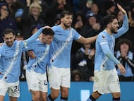 Manchester City's English midfielder #47 Phil Foden (2L) celebrates scoring the team's third goal with Manchester City's Portuguese midfielder #20 Bernardo Silva (L), Manchester City's Portuguese defender #03 Ruben Dias (2R) and Manchester City's French midfielder #10 Rayan Cherki during the English Premier League football match between Manchester City and Sunderland at the Etihad Stadium in Manchester, north west England, on December 6, 2025. (Photo by Darren Staples / AFP) / RESTRICTED TO EDITORIAL USE. No use with unauthorized audio, video, data, fixture lists, club/league logos or 'live' services. Online in-match use limited to 120 images. An additional 40 images may be used in extra time. No video emulation. Social media in-match use limited to 120 images. An additional 40 images may be used in extra time. No use in betting publications, games or single club/league/player publications. /