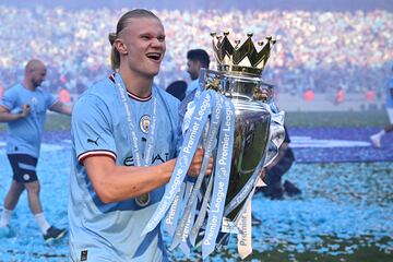 (FILES) Manchester City's Norwegian striker Erling Haaland poses with the Premier League trophy 