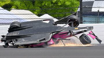 May 28, 2023; Indianapolis, Indiana, USA; Andretti Autosport driver Kyle Kirkwood (27) slides across the pavement through the second turn after a crash with Arrow McLaren SP driver Felix Rosenqvist (not pictured) during the 107th running of the Indianapolis 500 at Indianapolis Motor Speedway. Mandatory Credit: Jef Richards-USA TODAY Sports