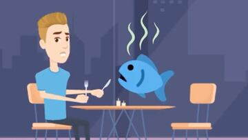Animación de Tony Hawk comiendo un pescado pasado para explicar el origen del nombre del truco de skate.