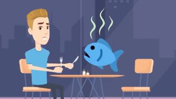 Animaci&oacute;n de Tony Hawk comiendo un pescado pasado para explicar el origen del nombre del truco de skate. 