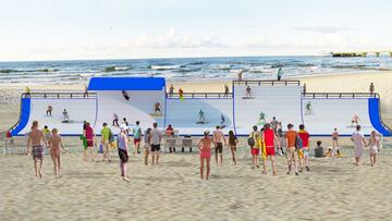 Varios quartes con cepillos y gente surfeando sobre cepillos en una playa, con olas al fondo. 