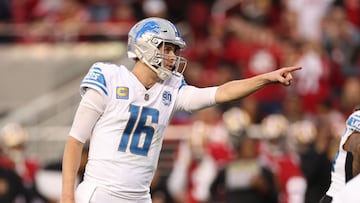 SANTA CLARA, CALIFORNIA - JANUARY 28: Jared Goff #16 of the Detroit Lions reacts during the first half against the San Francisco 49ers in the NFC Championship Game at Levi's Stadium on January 28, 2024 in Santa Clara, California.   Ezra Shaw/Getty Images/AFP (Photo by EZRA SHAW / GETTY IMAGES NORTH AMERICA / Getty Images via AFP)