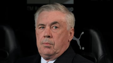 FILE PHOTO: Soccer Football - LaLiga - Valencia v Real Madrid - Mestalla, Valencia, Spain - March 2, 2024 Real Madrid coach Carlo Ancelotti reacts REUTERS/Pablo Morano/File Photo