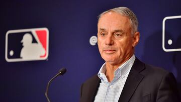 ORLANDO, FLORIDA - FEBRUARY 10: Major League Baseball Commissioner Rob Manfred answers questions during an MLB owner's meeting at the Waldorf Astoria on February 10, 2022 in Orlando, Florida. Manfred addressed the ongoing lockout of players, which owners put in place after the league's collective bargaining agreement ended on December 1, 2021. Julio Aguilar/Getty Images/AFP
== FOR NEWSPAPERS, INTERNET, TELCOS & TELEVISION USE ONLY ==