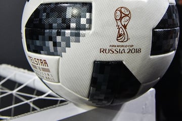 A close-up view shows the official match ball for the 2018 World Cup, named "Telstar 18", during its unveiling ceremony in Moscow on November 9, 2017