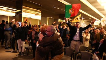 Portugal's Democratic Alliance (AD) supporters react to the first exit polls in a general election in Lisbon, Portugal, March 10, 2024. REUTERS/Pedro Nunes