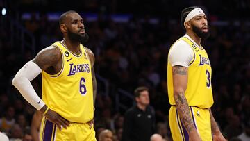 LOS ANGELES, CALIFORNIA - MAY 22: LeBron James #6 and Anthony Davis #3 of the Los Angeles Lakers react to a Laker foul during the third quarter against the Denver Nuggets in game four of the Western Conference Finals at Crypto.com Arena on May 22, 2023 in Los Angeles, California. NOTE TO USER: User expressly acknowledges and agrees that, by downloading and or using this photograph, User is consenting to the terms and conditions of the Getty Images License Agreement.   Harry How/Getty Images/AFP (Photo by Harry How / GETTY IMAGES NORTH AMERICA / Getty Images via AFP)