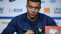 France's forward Kylian Mbappe gives a press conference at Stade de France in Saint-Denis, north of Paris on March 23, 2023, on the eve of the UEFA Euro 2024 football tournament qualifier match between France and Netherlands. (Photo by FRANCK FIFE / AFP)