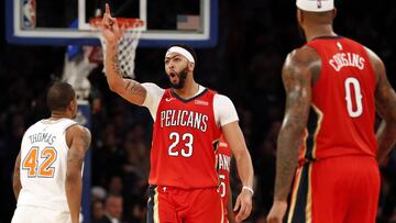 Jan 14, 2018; New York, NY, USA; New Orleans Pelicans forward Anthony Davis (23) reacts after trying the game late during the second half against the New York Knicks at Madison Square Garden. Mandatory Credit: Adam Hunger-USA TODAY Sports