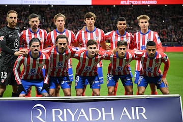 Once inicial del Atltico de Madrid. Jan Oblak, Clement Lenglet, Marcos Llorente, Robin Le Normand, Reinildo Mandava, Pablo Barrios, Rodrigo de Paul, Antoine Griezmann, Julin ?lvarez, Giuliano Simeone y Samuel Lino.