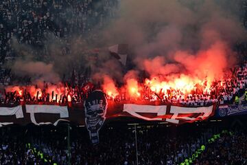 HAMBURG, GERMANY - SEPTEMBER 30: FC St. Paulis Fans set off flares during the Second Bundesliga match between Hamburger SV and FC St. Pauli at Volksparkstadion on September 30, 2018 in Hamburg, Germany.  (Photo by Martin Rose/Bongarts/Getty Images)