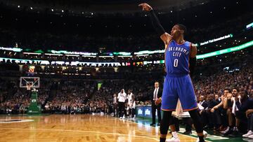 BOSTON, MA - DECEMBER 23: Russell Westbrook #0 of the Oklahoma City Thunder holds a pose to celebrate after hitting a three pointer against the Boston Celtics at TD Garden on December 23, 2016 in Boston, Massachusetts. NOTE TO USER: User expressly acknowledges and agrees that, by downloading and or using this Photograph, user is consenting to the terms and conditions of the Getty Images License Agreement. Maddie Meyer/Getty Images/AFP
== FOR NEWSPAPERS, INTERNET, TELCOS & TELEVISION USE ONLY ==