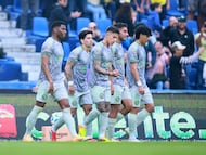Soccer Football - Liga MX - Club America v Necaxa - Estadio Ciudad de los Deportes, Mexico City, Mexico - January 31, 2026 Club America's Brian Rodriguez celebrates scoring their first goal with teammates REUTERS/Eloisa Sanchez