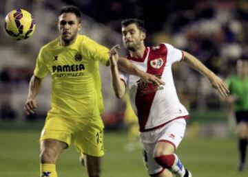El delantero brasileño del Rayo Vallecano Leo Baptistao lucha un balón con el defensa del Villarreal Víctor Ruiz, durante el partido de la vigésimo tercera jornada de Liga de Primera División.