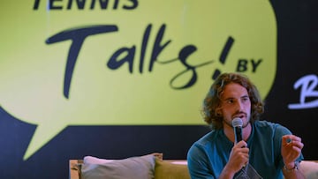 Greek tennis player Stefanos Tsitsipas speaks during a talk with young tennis players and the press on the first day of the Mexico ATP Open 250 in Los Cabos, Mexico, on July 31, 2023. (Photo by ALFREDO ESTRELLA / AFP)